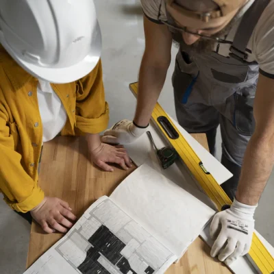 construction workers looking at floor plans
